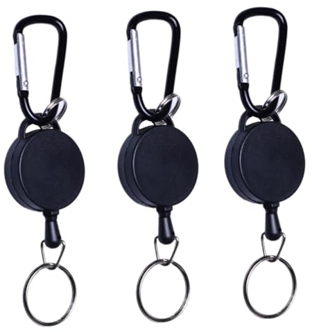 Porte-clés Rétractable Créatif 3 Pièces Noir, Usage Quotidien Sportif | Plastique et Alliage, Flexibilité, Anti-vol, Charge Utile, Lot de Trois pour Clés et Badges