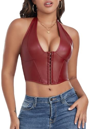 Maeau Crop Top Women Halter Neck Vest Leather Sexy Y2K Gothic Punk T-Shirts Red M