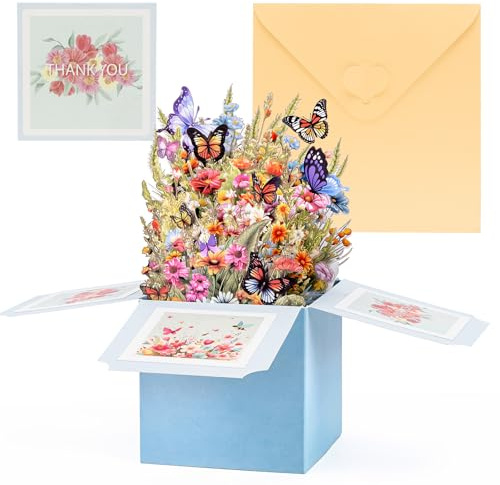 Carte d'Anniversaire 3D pour Femme avec Motif Papillon Pop Up, Inclut Enveloppe, Idéale pour Mère, Fille, Fête des Mères, Anniversaire de Mariage et Carte de Remerciement - Bleu