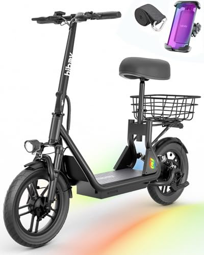 Hiboy Q2 Adult Electric Scooter with Seat & Phone Holder – 500W Motor, 22mi Range, 14 Wheels, Dual Suspension, Neon Lights, Foldable for Commute, Jet Black