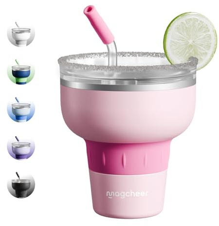 magcheer 500ml Copa Margarita Termica con Tapa y Pajita | Vaso de Cóctel de Acero Inoxidable | Diseño Apilable | Regalo Para Hombre y Mujere | Fiesta de Piscina y Vacaciones (Rosa)