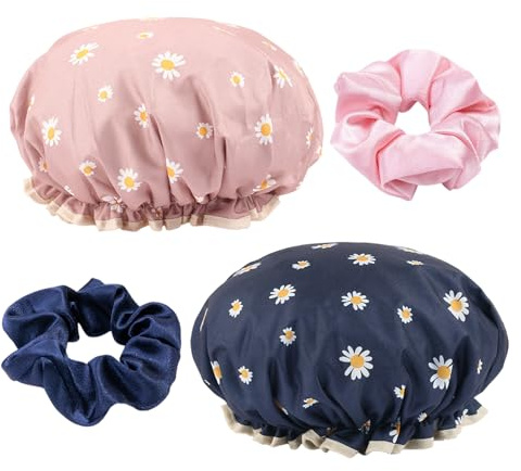 2 Bonnets De Douche Marguerite Et 2 Bandes De Cheveux, Conception Imperméable À Double Couche, Accessoires De Cheveux Mignons Pour Filles, Adaptés Au Bain Et Aux Soins De La Peau, Bleu Marine).