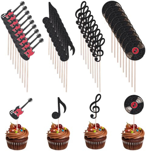 GEEHUA 36 stycken musikaliska cupcake-toppar, svart glitter gitarr och vinyl skiva tårtdekoration musiknoter tårtdekoration för konsert kjol party födelsedag bröllop musikteméer fester