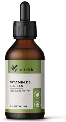 plantrition Vitamin D3 Tropfen Vegan 1000 I.E. pro Tropfen 1.350 Tropfen Vitamin D Öl - Vitamin D3 aus Flechten (Cholecalciferol) MCT Öl Kokosbasis Made in Germany - 50ml