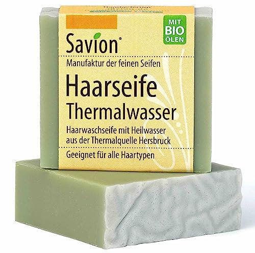 Savion Haarseife mit Thermalwasser | Naturkosmetik für alle Haartypen | Vegan | Palmölfrei | Bio-Haarseife mit Heilwasser | Für glänzendes und kräftiges Haar 85g