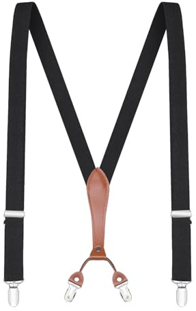 Buyless Fashion Men Suspenders - 48 Elastic Adjustable Straps 1 - Leather Y Shape Back - 5118-Black