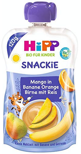 HiPP Bio Snackie Mango in Banane-Orange-Birne mit Reis - Thilo Tiger, (6 x 120g), liefert Energie für Sport und Bewegung, ab 1 Jahr, vegan, in bester Bio-Qualität