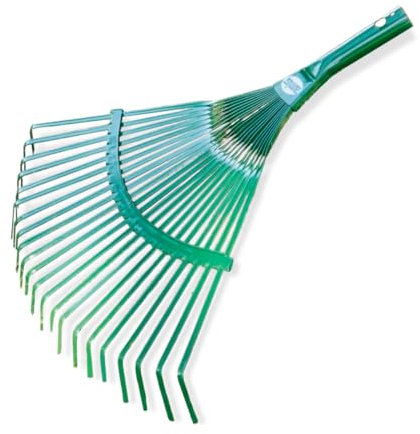 Amig - Escoba de jardín - Acero - Rastrillo de 22 Púas Planas Metálicas y Lamas Fijas - Recolecta, Recoge Hojas y Rastrojos de Césped - Verde - Medidas: 400 mm - No Incluye Mango