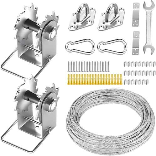 FZENeast Shade Sail Hardware Kit Include Winches & Wire Rope, Anti-Rust Stainless Steel Sun Shade Hardware Kit for Rectangle Square Triangle Shade Sail Installation(75 PCS)