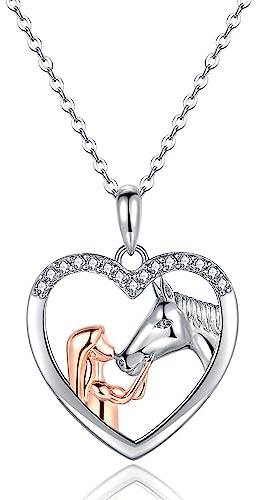 ITESSY Collar de caballo de plata para niñas, collar con colgante de caballo y niña para niñas y mujeres, sobrina, Plata esterlina Zirconia cúbica Plata de ley Circonita cúbica Chapado en oro blanco