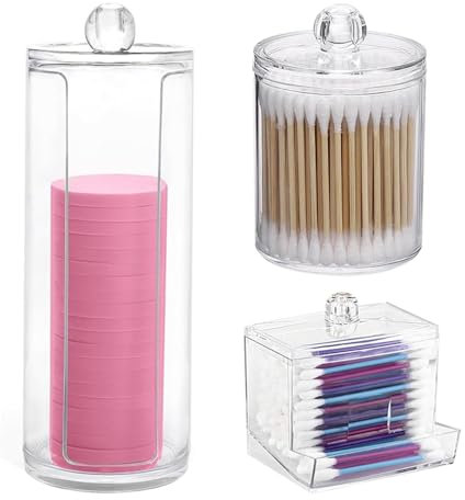 Puedno 3 Stück Wattepadspender, Make-up-Organizer-Set, Wattepad Halter, Mehrzweck-Zylinder, Wattestäbchen Behälter, Aufbewahrungsbox mit Deckel für Schminktisch Badezimmer