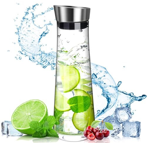 POWZOO Jarra de Agua,Botella de Agua de Cristal 1,5 Litros,Botella de vidrio con tapa de acero inoxidable y vertedor,Jarra de Cristal Transparente,perfecta para leche, jugo, té,café o agua tibia.