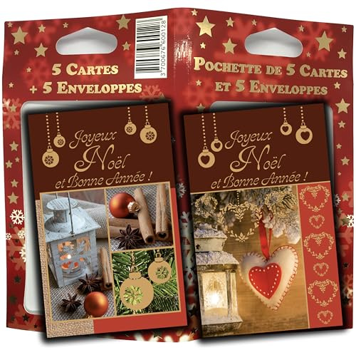 P5-463 LOT 5 Cartes Dorées assorties Joyeux Noël et Bonne Année 8,5x13,5cm + 5 Enveloppes Blanches 9x14cm en Pochette - Présentez vos Vœux et Souhaiterz de Joyeuses Fêtes de Fin d'Année