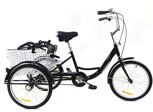 20 tums trehjuling vuxna 3-hjulingar cykel med inköpskorg och barnstol lastcykel för vuxna seniorer kvinnor män utomhus