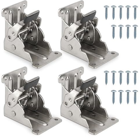 4 Piezas Bisagras Plegables de 90 Grados con Bloqueo Automático - Herrajes para Patas de Muebles y Mesas Plegables, Incluye 40 Tornillos, Plata