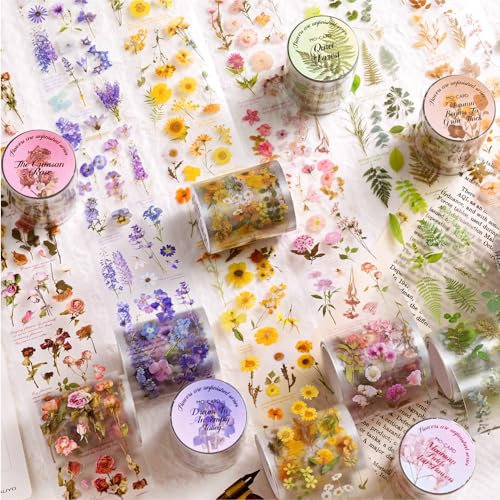 Washi Tape Set 6 Rolls PET Scrapbook Blumen Stickers Wide Washi Tapes Transparent Sticker für Scrapbooking，Bunt Aufkleber Fotoalbum，Journaling, Bullet Journals