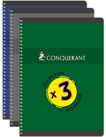 CONQUERANT Lot de 3 Cahiers A4 100 Pages 70g Q5x5 Reliure Intégrale Couverture Carte Couleurs Assorties