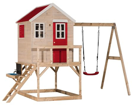 Wendi Toys M23-K Stelzenhaus Holz mit Rutsche, Spielküche, Outdoor Kletterturm Kinder Garten 192×350×242 cm, mit Schaukel, Leiter, wetterfest