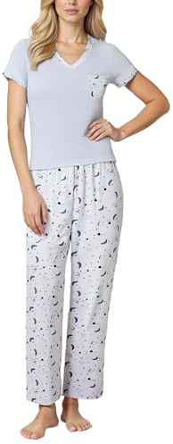 YUSHOW Dampyjamas, tvådelad, kortärmad, pyjamasöverdelar, v-ringad, bröstficka, långa pyjamasbyxor med dragsko, mjuka nattkläder, kvinnor, hemmakläder, set, sommar, sovkläder, Ljusblå måne, S