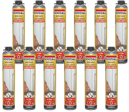 Soudal, Schiuma Montaggio & Isolamento Pistola, 12x750ml, Champagne, Espansione Elevata, Per Riempimento e Fissaggio, Ideale per Isolamento Termico e Acustico