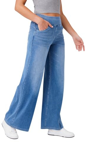 DOINEUFL Palazzo Pantaloni estivi da donna con vita alta e morbido materiale elasticizzato, jeans da donna per tutti i giorni, viaggi o ufficio, Azzurro, XL