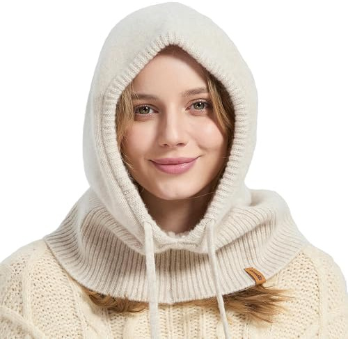 ACUSHLA 100% Merino Wool Balaclava for Women & Men Winter Warm Knit Hooded Scarf Hoodie Hat and Scarf Set in One, Beige