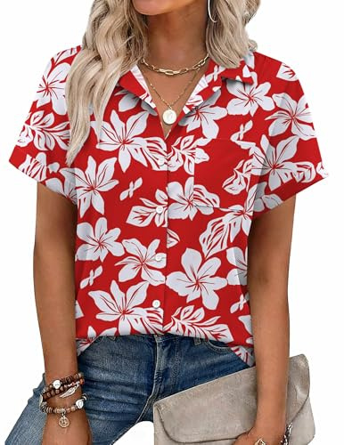 Zeagoo Short Sleeve Shirt for Womens Hawaiian Button Down Beach Tops Red Vacation Floral Printed Fashion Work Tops L