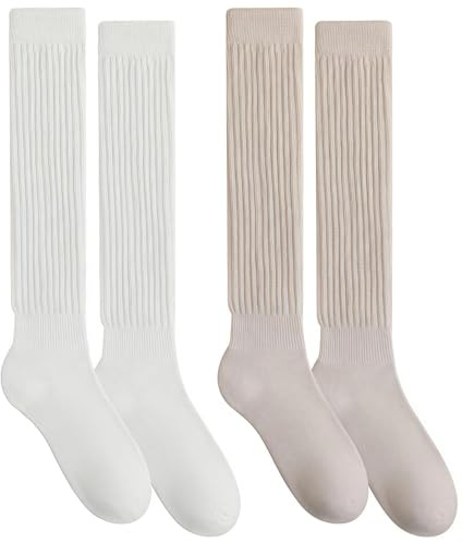 ZALAOR Knee High Socks for Women - 2 Pairs Cotton Slouch Long Boot Socks - Soft Comfortable Thick Fall Winter Knee Socks - Perfect for Casual Wear & Boots (White/Beige)