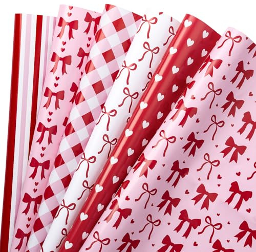 RUSPEPA Valentine's Day Wrapping Paper Sheets - Red/Pink Heart/Bow/Stripe/Plaid Design, Romantic Gift Wrap for Girls, Birthday, Anniversary & Bridal Shower, 6 Folded Sheets - 50x70cm