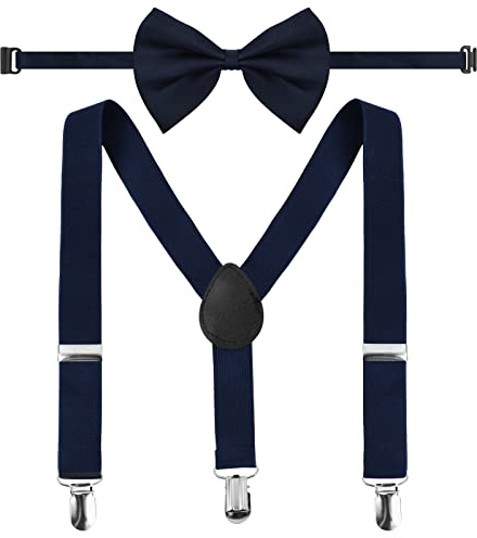 Hontaog Bow Tie and Suspender Set, Braces for Trousers, Adjustable Clip On, Elastic Y-Back Design for Kids Boys Girls Children 1-10 Years, Navy Blue