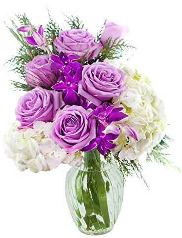 KaBloom - Bouquet of Purple Roses,White Hydrangea,Purple Orchids and Greens with Vase - Fresh Flowers for Birthday, Valentine's & Mother's Day
