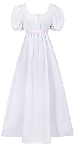 HEQU Regency Dresses for Women with Satin Sash Ruffled Puff Sleeve Empire Waist Dress Gown, White, M