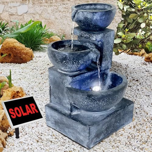 Solar Gartenbrunnen Brunnen Zierbrunnen Zimmerbrunnen Springbrunnen Brunnen mit LED-Licht und Li-Ion-Akku Wasserfall Wasserspiel (Solar Gartenbrunnen GRANITSCHALEN-Kaskade)