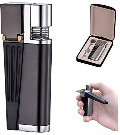 Accendino Portatile, 2 in 1 Metallo Fumo Accendino per Pipa, Accendini per Pipa Pieghevole a Fiamma Libera per Campeggio BBQ Cucina, Design Antivento, Regali per Uomo Padre (Nero)