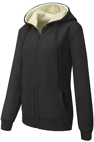 MOVE BEYOND Abrigos para Mujer en Invierno Chaqueta Sudadera con Capucha de Forro Cálido Térmico y Cierre de Cremallera Termica Fleece Chamarras, Negro, M