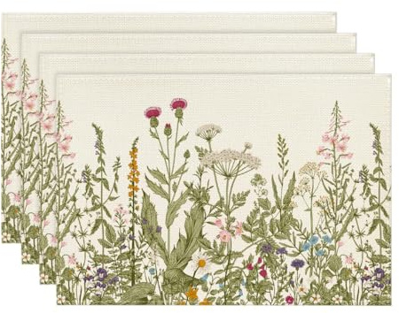 Artoid Mode Antique Herbs and Wild Flowers Spring Set of 4 Placemats, Seasonal Kitchen Table Decoration Indoor Holiday Party Decor 30x45cm