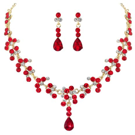 Carufin MARIAGE CRISTAL collier boucles d'oreilles ensemble collier de mariée femmes et filles bijoux accessoires (Rouge)