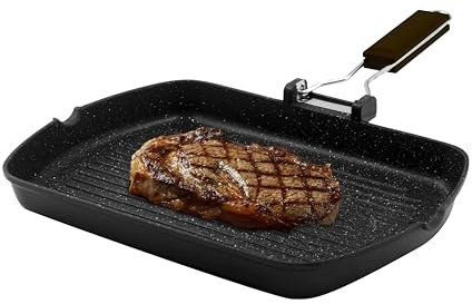 Zanetti, Parrilla de 26 x 36 cm, plancha de aluminio fundido a presión de gran espesor, placa grill apta para placas de inducción, mango plegable
