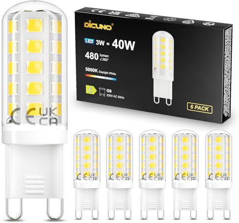 DiCUNO Lampadina LED G9 3W, equivalente a 40W alogena, 480lm, Bianco freddo 5000K, Non dimmerabile, Risparmio energetico, Led G9 per camera da letto, Soggiorno e Cucina, 6 Pezzi