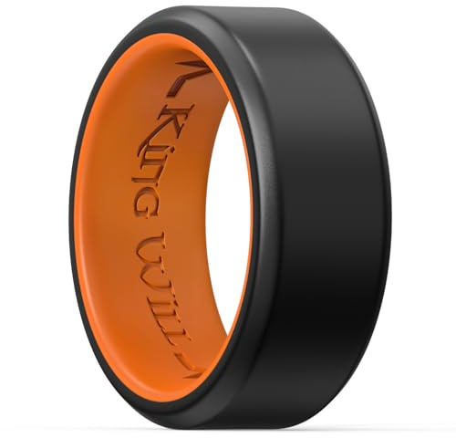 King Will Men's Silicone Wedding Bands, 8mm Comfort Fit with Unique Inner Groove Design, Rubber Engagement Rings for Daily Wear and Activities, Black&Orange, T 1/2(10)