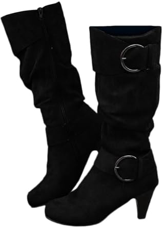 Agiyenna Bottes D'Hiver Décontractées à Fermeture Éclair Latérale pour Femmes Couleur Unie Talons Hauts Semelle Épaisse Bottes à Boucle Bottes Longues à Talons Épais Bottes D'Extérieur