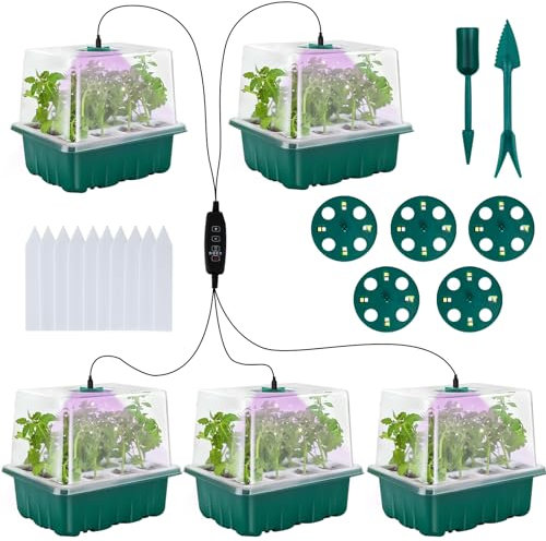 FORMIZON Mini Serre pour Plantes, 5 Pièces 60 Cellules Intérieure Plateau Semis avec Lampe de Croissance, Couvercles, 10 Étiquettes et 2 Outils, Bac à Semis avec 4 Modes de Lumière Temporisés