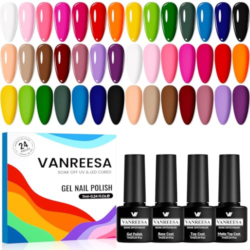 VANREESA Gel Nail Polish Set, 21+3 U V Gel Nail Polish with Base and Top Coat White Pink Brown Blue Green Gels Polish Set Suitable for All Seasons Nail Salon Kit Gifts for Women DIY at Home