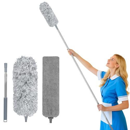 Fogray 2-in-1 Extendable Feather Duster & Gap Cleaning Tool Set Telescopic, Washable Microfiber Head with Soft Silicone Cap & Bendable Flat Crevice Duster for High Ceiling and Under Furniture Cobweb