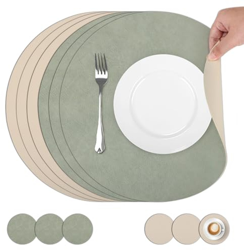 comfoyar Set di 6 Tovagliette Americane e Sottobicchieri Doppio Lato Verde Bianco Rotondo, Antiscivolo in Pelle Tovagliette Americane lavabili e Impermeabili per Cucina, Tavola di Feste 33x33cm