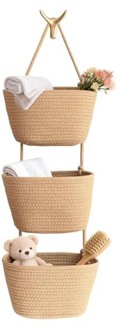 Cesto da parete in corda di cotone a 3 ripiani, con design in iuta per camera da letto, bagno, cucina e soggiorno (A)