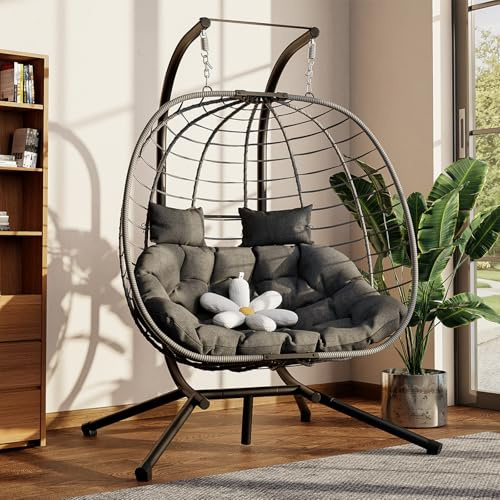 Amopatio Double Egg Chair with Metal Stand & Cushion, 2 Seaters Rattan Wicker Swing Chair Indoor Outdoor, Foldable Hanging Chair for Garden,Patio, Balcony, Porch (Grey)