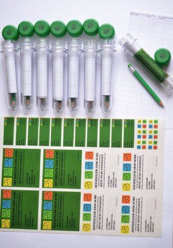 8 x Petling 13cm Klar mit DIN A3 Logstreifen 150 Logs, DIN A4 Bogen Aufkleber, Bleistift und FTF Deckel mit Geocaching Logo