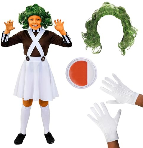 Girls Chocolate Factory Worker Costume Set With Wig Gloves Face Paint | brown top striped collar, white dungaree skirt, green wig, white gloves, face paint set