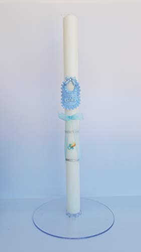 Vela (CIRIO) para Bautizo Niño DE Cera Blanca. Medida 3 x 40CM Decorada con Mini Babero DE Tela Azul, Chupete Adhesivo Y Lazo Organza